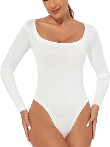 Women's Long Sleeve Bodysuit Top Square Neck Sexy Thong Tummy Control Slim Shapewear