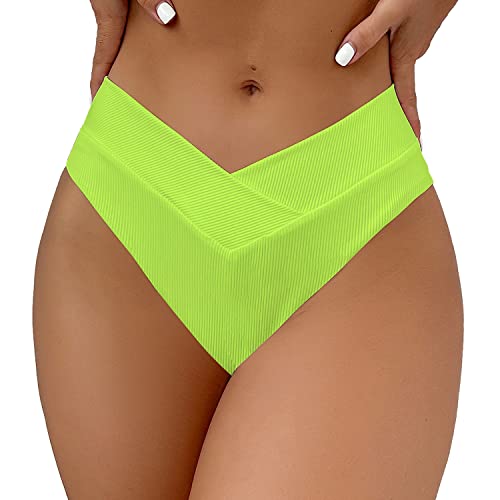 SherryDC Women's V Cut High Waisted Bikini Bottom Ribbed High Cut Cheeky Swimsuit Bathing Suit Bottoms