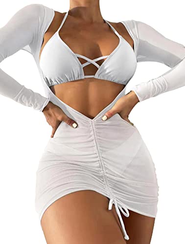 SherryDC Women's Sexy 3 Piece Swimsuits Halter Triangle Bikini Sets with Long Sleeve Cover Up Drawstring Bathing Suit