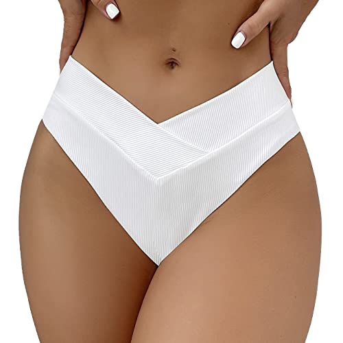 SherryDC Women's V Cut High Waisted Bikini Bottom Ribbed High Cut Cheeky Swimsuit Bathing Suit Bottoms