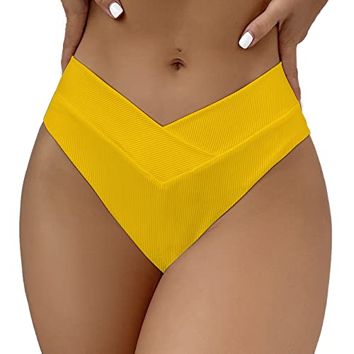 SherryDC Women's V Cut High Waisted Bikini Bottom Ribbed High Cut Cheeky Swimsuit Bathing Suit Bottoms