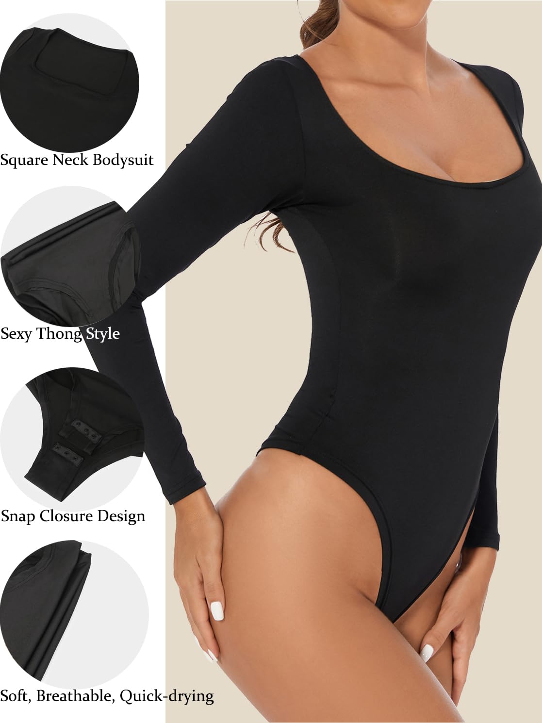 Women's Long Sleeve Bodysuit Top Square Neck Sexy Thong Tummy Control Slim Shapewear