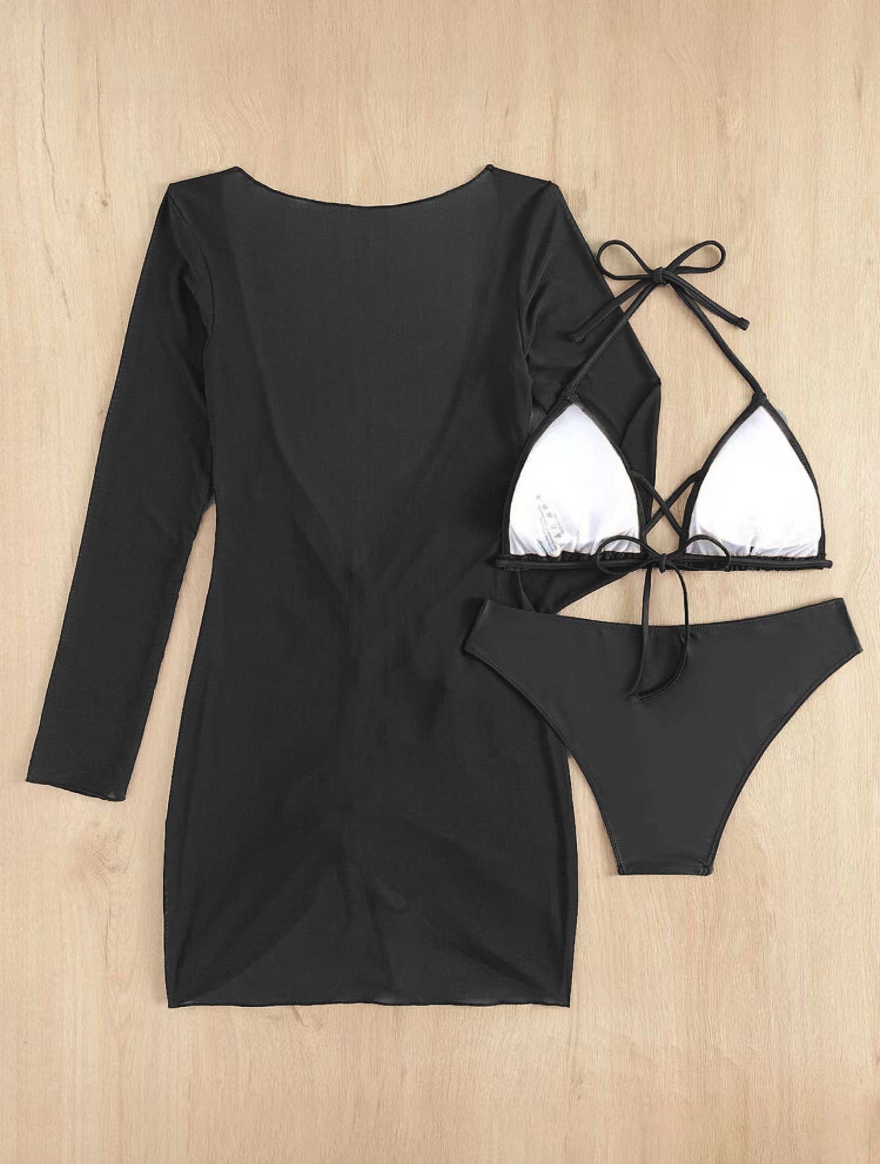 SherryDC Women's Sexy 3 Piece Swimsuits Halter Triangle Bikini Sets with Long Sleeve Cover Up Drawstring Bathing Suit