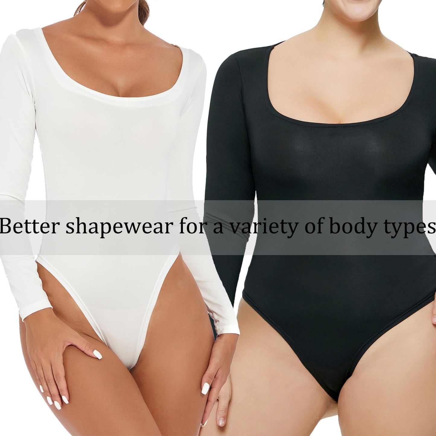 Women's Long Sleeve Bodysuit Top Square Neck Sexy Thong Tummy Control Slim Shapewear